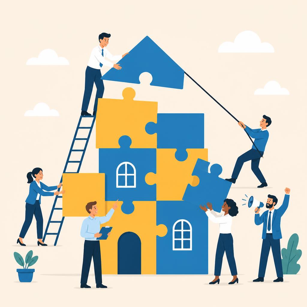Illustration of a team assembling puzzle pieces into a building